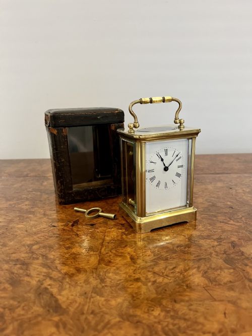 Antique Victorian Quality Brass Carriage Clock with Original Leather Travelling Case