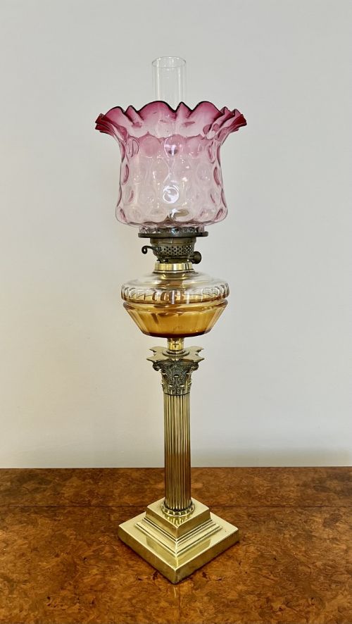 Fantastic Quality Antique Victorian Brass Oil Lamp with a Cranberry Glass Shade