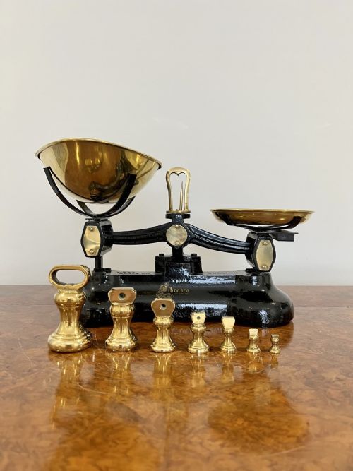 Stylish Set of Brass and Iron Antique Kitchen Scales and Weights