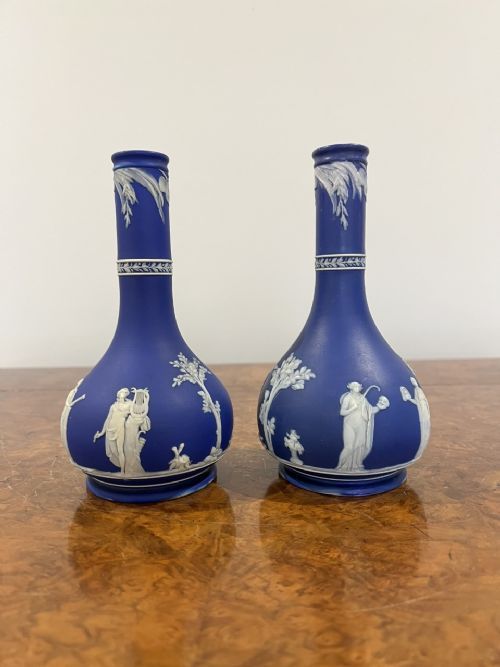Stunning Pair of Antique Victorian Wedgwood Jasper Ware Vases