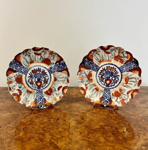 Pair of Antique Japanese Imari Plates with Scalloped Shaped Edges