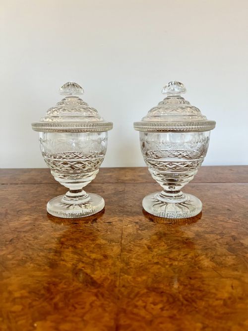 Stunning Quality Pair of Antique Victorian Cut Glass Lidded Vases