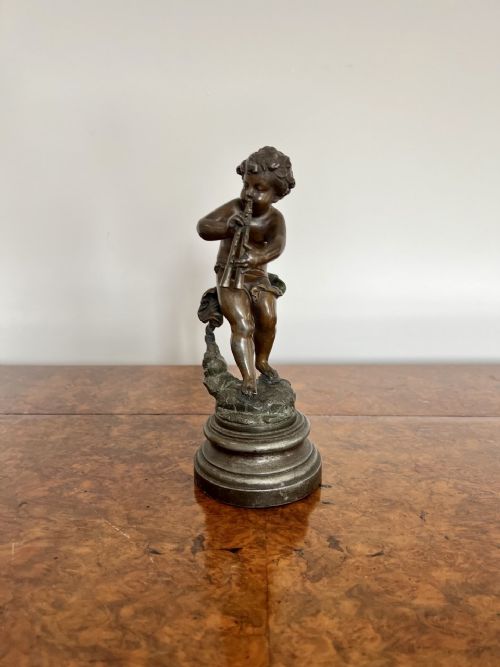 French Antique Bronze Figure of a Cupid Playing a Musical Instrument