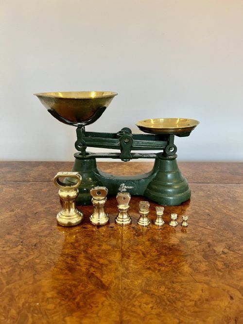 Lovey Set of Green Antique Kitchen Scales with a Set of Brass Bell Weights