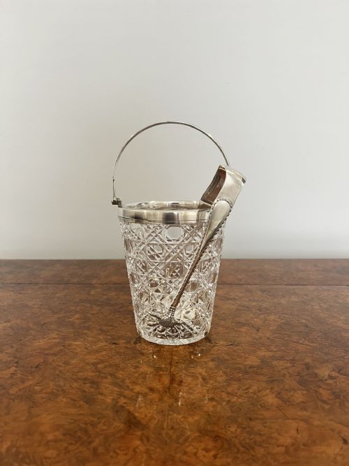 Lovely Antique Edwardian Quality Cut Glass Ice Bucket & Tongs