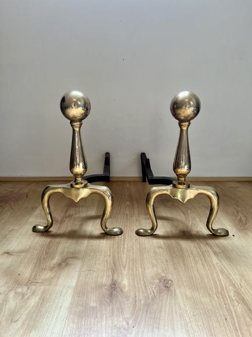 Large Pair Antique Victorian Brass Fire Dogs