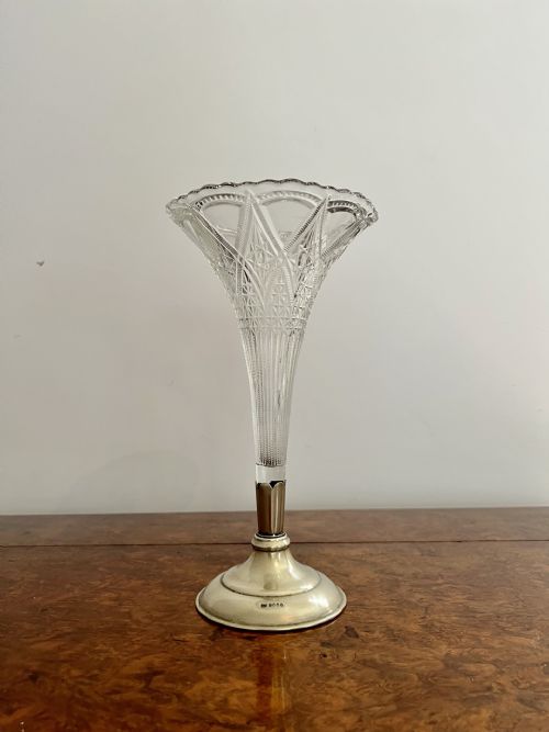 Fine Quality Antique Edwardian Cut Glass and Silver Plated Fluted Spill Vase