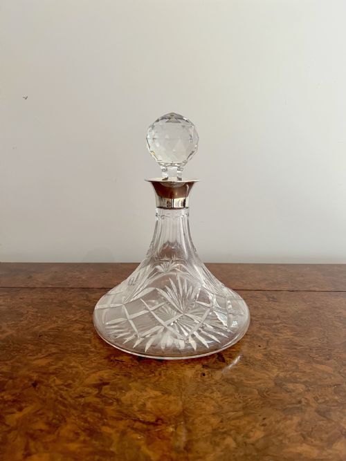 Stunning Quality Antique Edwardian Silver Collar Cut Glass Ships Decanter