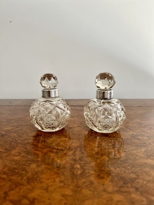 QUALITY PAIR OF ANTIQUE EDWARDIAN SILVER COLLAR CUT GLASS SCENT BOTTLES - ADDITIONAL PHOTO 2