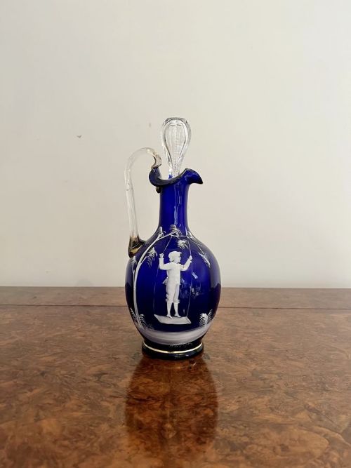 STUNNING QUALITY ANTIQUE MARY GREGORY BLUE GLASS DECANTER