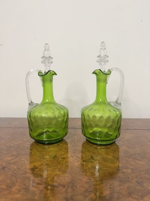 Fine Quality Pair of Antique Victorian Green Glass Decanters