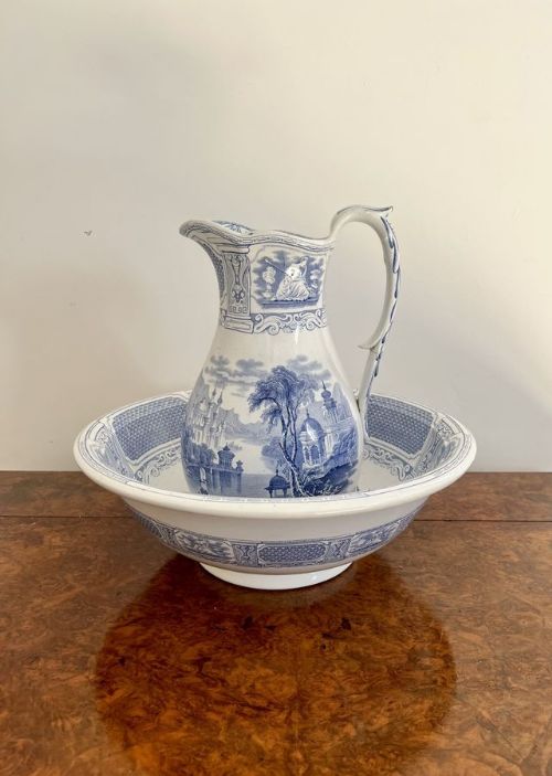 Quality Antique Victorian Blue and White Jug and Bowl Set