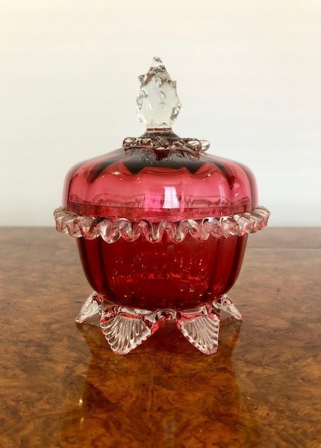 Pretty Antique Victorian Quality Cranberry Glass Lidded Bowl