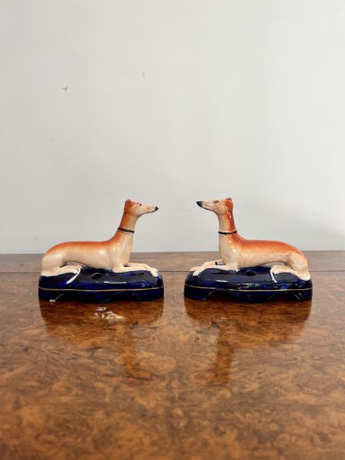 Quality Pair of Antique Victorian Staffordshire Greyhound Inkwells