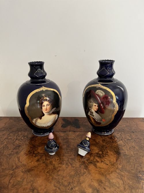 PAIR OF QUALITY ANTIQUE VICTORIAN PORCELAIN HAND PAINTED LIDDED VASES - ADDITIONAL PHOTO 8