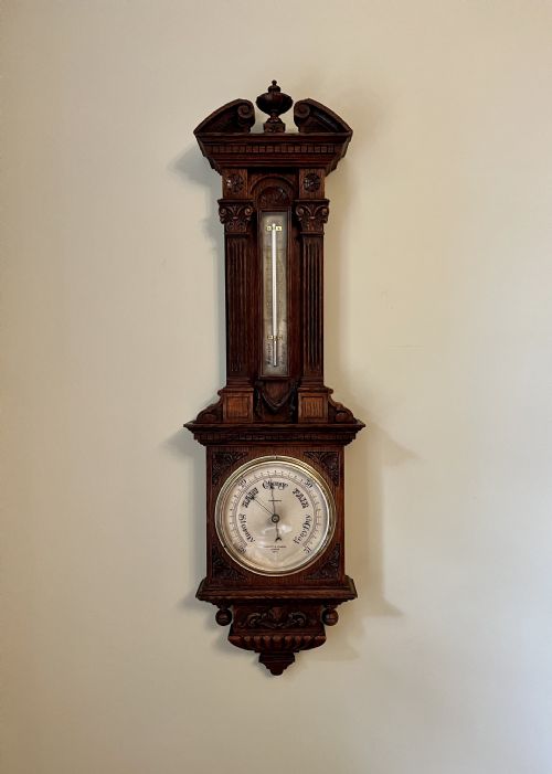 Large Antique Victorian Quality Carved Oak Aneroid Barometer by Negretti & Zambra of London
