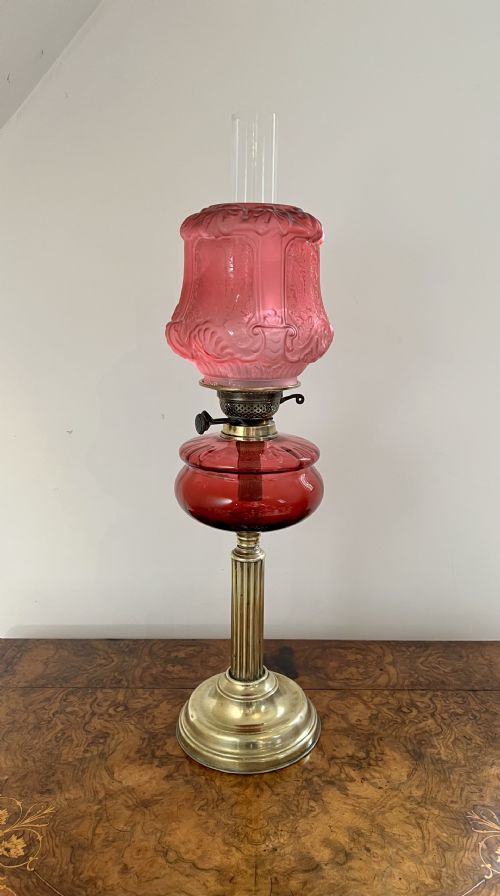 Fantastic Quality Large Antique Victorian Cranberry Glass and Brass Oil Lamp