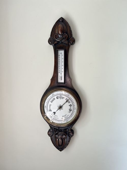 Quality Antique Edwardian Carved Oak Aneroid Barometer
