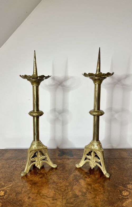 Fantastic Large Pair of Antique Brass Pricket Candlesticks