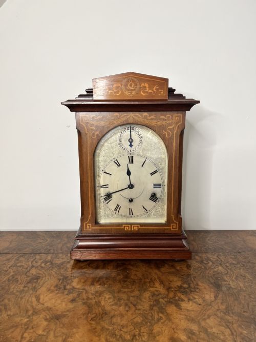 ANTIQUE EDWARDIAN QUALITY ROSEWOOD INLAID CHIMING 8 DAY MANTLE CLOCK - ADDITIONAL PHOTO 6