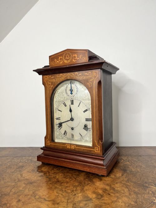 ANTIQUE EDWARDIAN QUALITY ROSEWOOD INLAID CHIMING 8 DAY MANTLE CLOCK - ADDITIONAL PHOTO 2