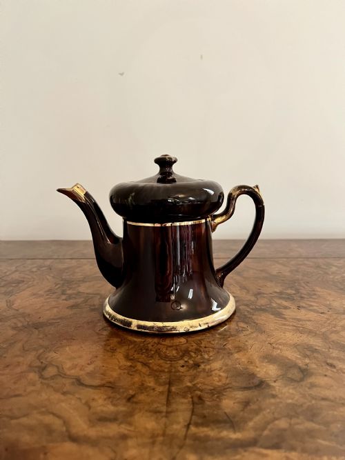 Unusual Antique Edwardian Glazed Brown and Gold Teapot