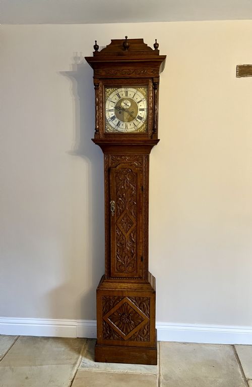 Outstanding Quality 18th Century Carved Oak Long Case Clock by Smith Macclesfield
