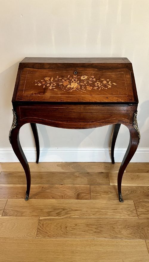 Antique Victorian French Rosewood Marquetry Inlaid Bureau
