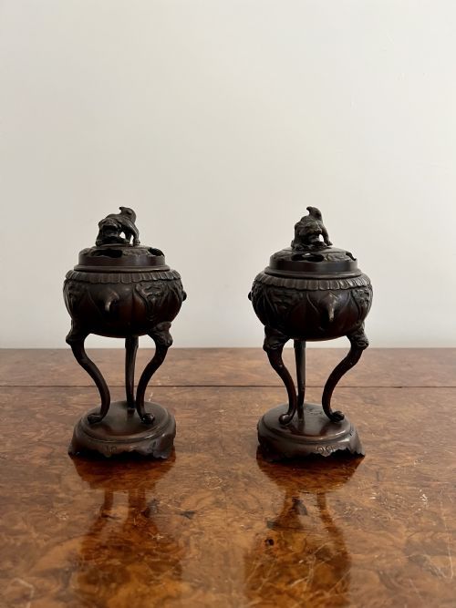 Quality Pair of Antique Chinese Ornate Bronze Censers