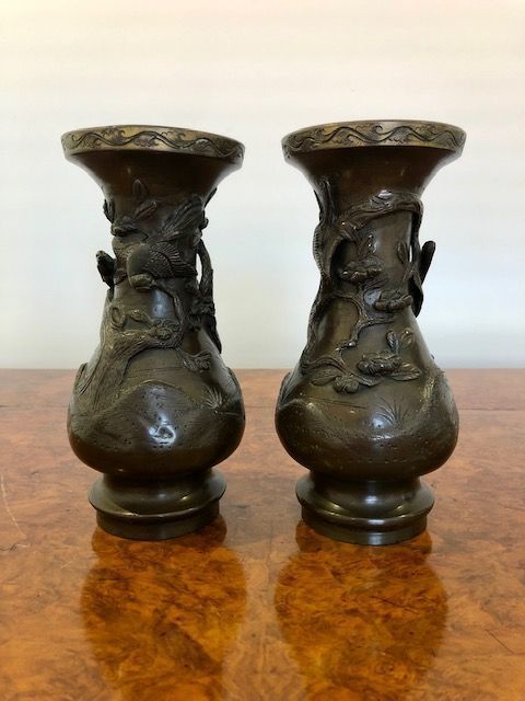 Quality Pair of Antique Japanese Bronze Vases