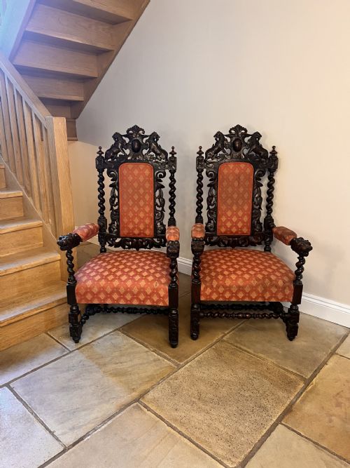 Pair of Quality Carved Oak Antique Victorian Throne Chairs