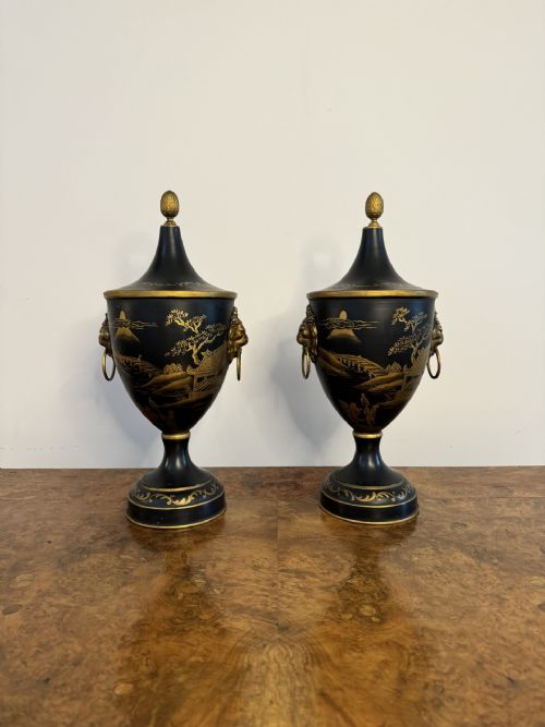 Superb Pair of French Hand Painted Toleware Chestnut Urns