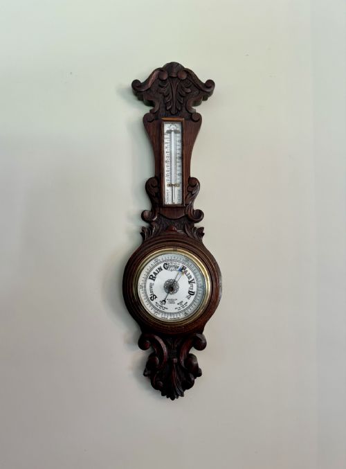 Lovely Antique Edwardian Carved Oak Aneroid Barometer