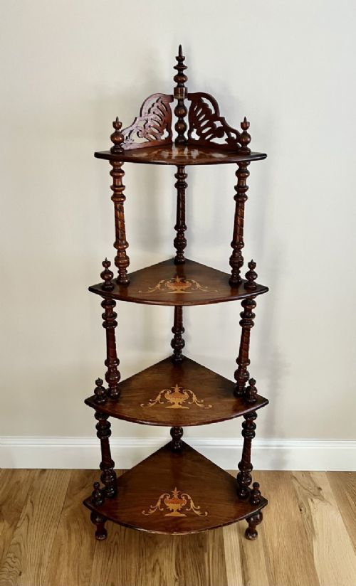 Antique Victorian Inlaid Figured Walnut Corner Whatnot