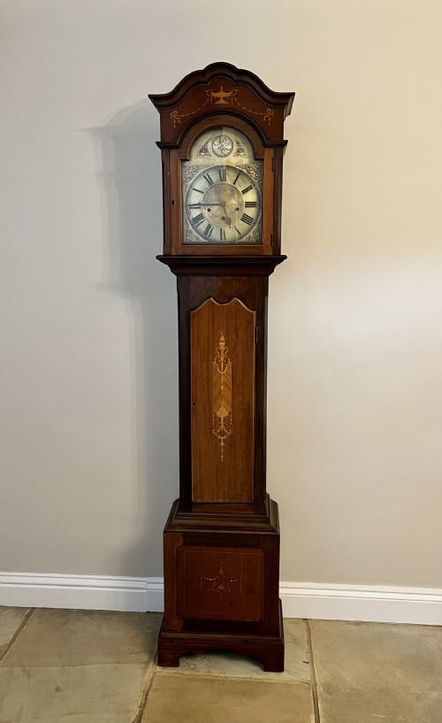 FINE QUALITY ANTIQUE EDWARDIAN MAHOGANY INLAID LONG CASE CLOCK