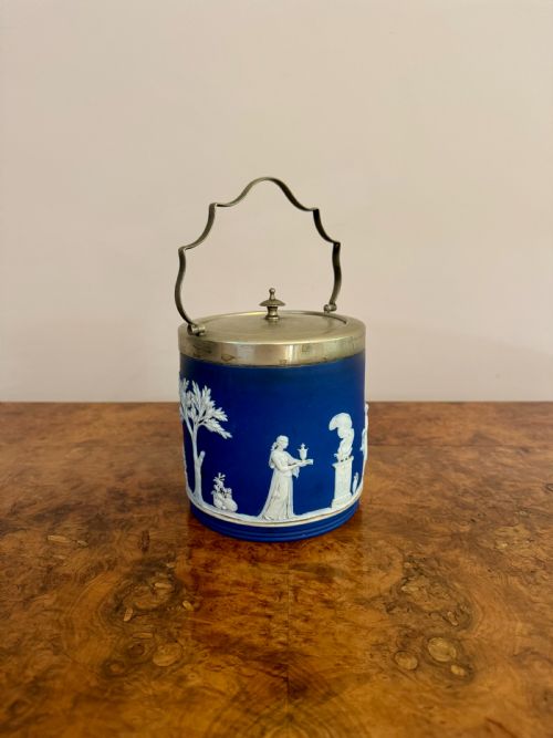 WONDERFUL ANTIQUE WEDGWOOD JASPER WARE BISCUIT BARREL - ADDITIONAL PHOTO 3