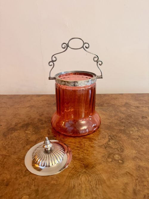 STUNNING QUALITY ANTIQUE EDWARDIAN CRANBERRY GLASS BISCUIT BARREL - ADDITIONAL PHOTO 4
