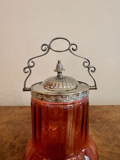 STUNNING QUALITY ANTIQUE EDWARDIAN CRANBERRY GLASS BISCUIT BARREL - ADDITIONAL PHOTO 1