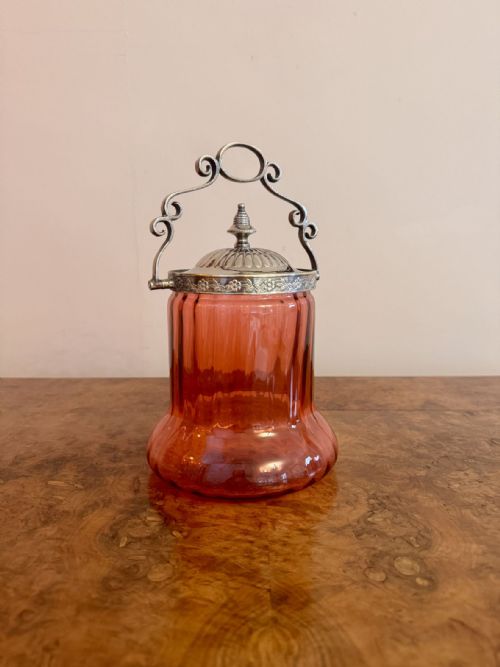 STUNNING QUALITY ANTIQUE EDWARDIAN CRANBERRY GLASS BISCUIT BARREL - ADDITIONAL PHOTO 2