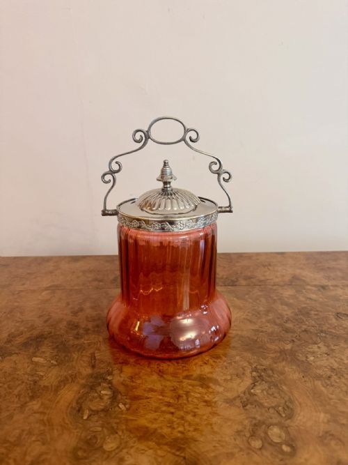 STUNNING QUALITY ANTIQUE EDWARDIAN CRANBERRY GLASS BISCUIT BARREL - ADDITIONAL PHOTO 3