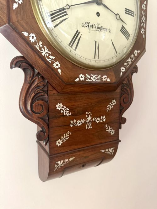 ANTIQUE 19TH CENTURY QUALITY ROSEWOOD INLAID DROP DIAL WALL CLOCK - ADDITIONAL PHOTO 1