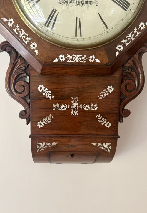 ANTIQUE 19TH CENTURY QUALITY ROSEWOOD INLAID DROP DIAL WALL CLOCK - ADDITIONAL PHOTO 3