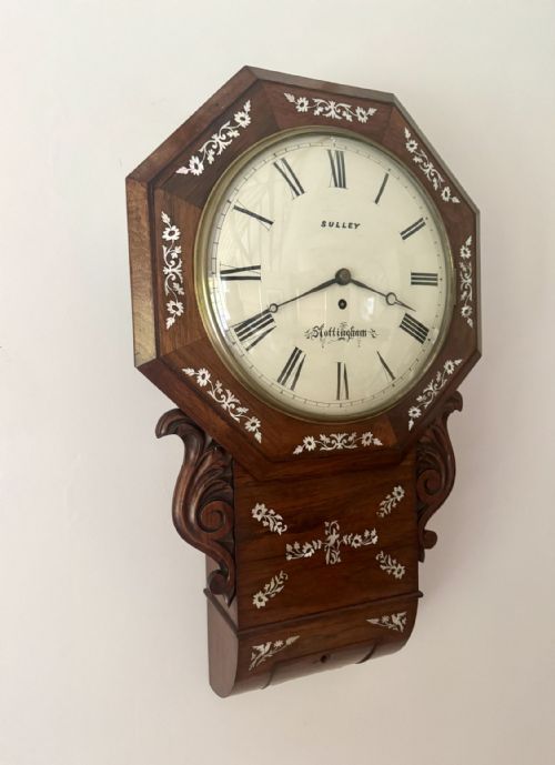 ANTIQUE 19TH CENTURY QUALITY ROSEWOOD INLAID DROP DIAL WALL CLOCK - ADDITIONAL PHOTO 5