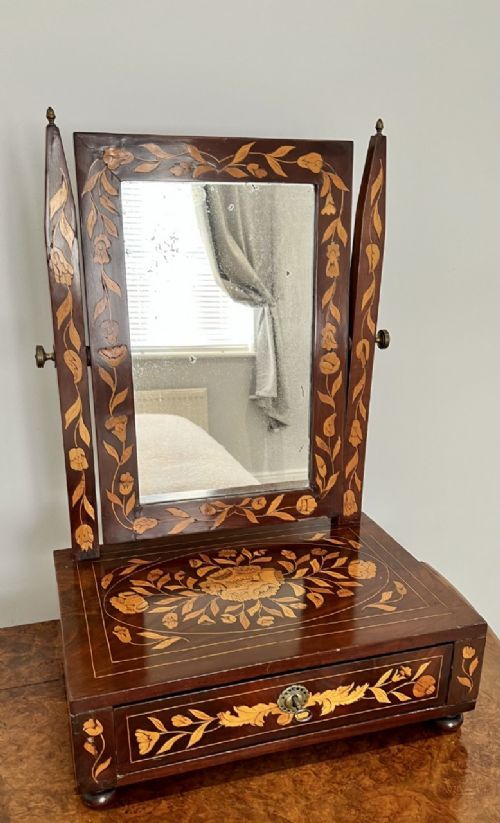Antique Quality Mahogany Dutch Marquetry Inlaid Dressing Table Mirror