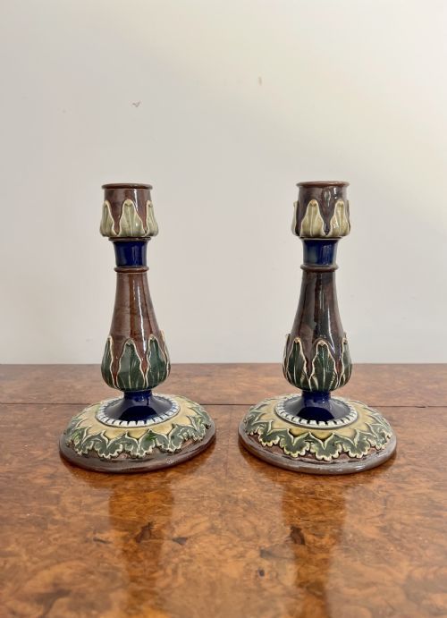 Attractive Pair of Antique Royal Doulton Candlesticks