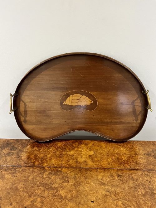 ANTIQUE EDWARDIAN QUALITY KIDNEY SHAPED MAHOGANY INLAID TEA TRAY