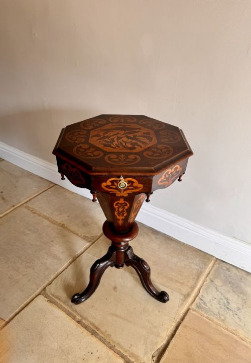 FANTASTIC QUALITY ANTIQUE VICTORIAN ROSEWOOD MARQUETRY INLAID TRUMPET WORK TABLE - ADDITIONAL PHOTO 3
