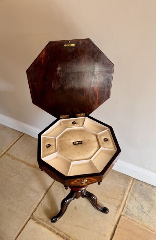 FANTASTIC QUALITY ANTIQUE VICTORIAN ROSEWOOD MARQUETRY INLAID TRUMPET WORK TABLE - ADDITIONAL PHOTO 5