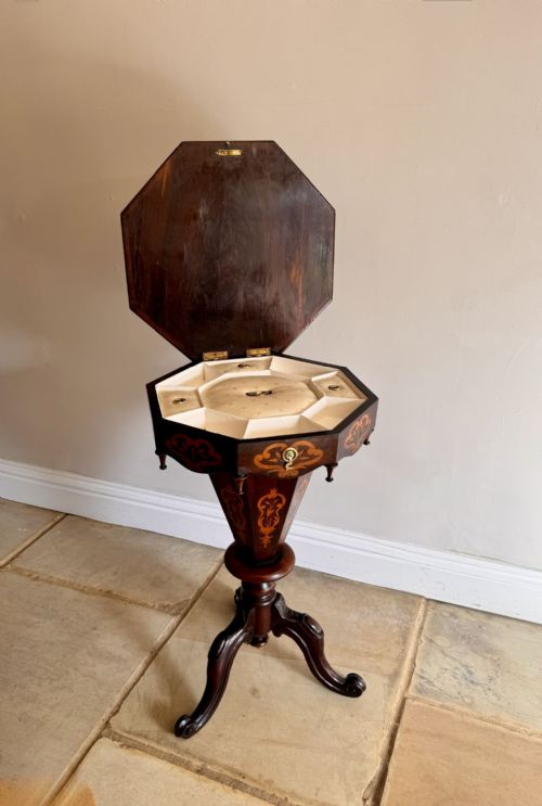 FANTASTIC QUALITY ANTIQUE VICTORIAN ROSEWOOD MARQUETRY INLAID TRUMPET WORK TABLE - ADDITIONAL PHOTO 6