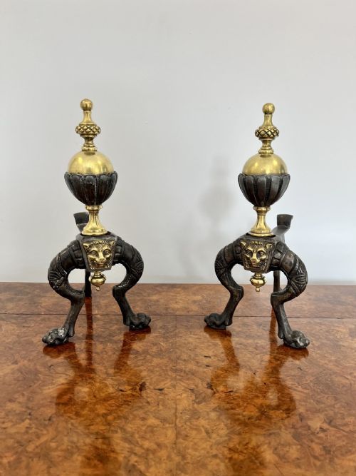 Pair of Quality Antique Victorian Brass and Iron Fire Dogs